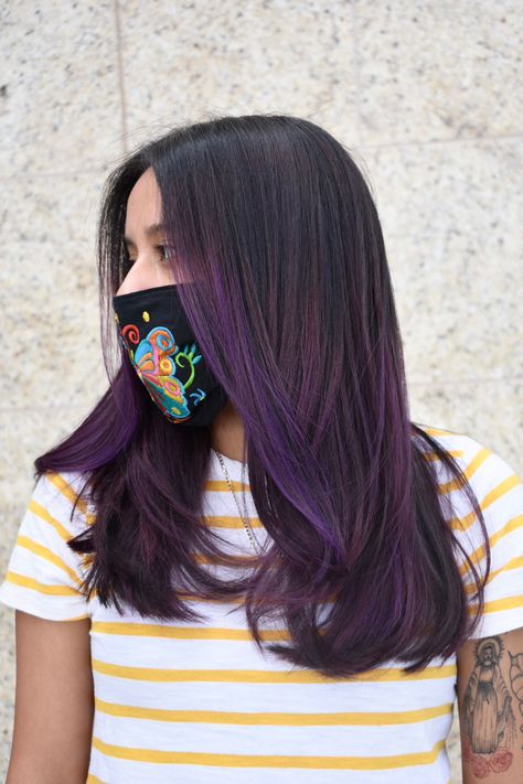 Balayage, Violet Streaks In Black Hair, Pink Purple Hair Short, Colorful Highlights Brown Hair, Purple Highlights Brown Hair Straight, Hair Color For Black Hair Indian, Black And Violet Hair, Violet Hair Highlights, Purple Hair Highlights Brown