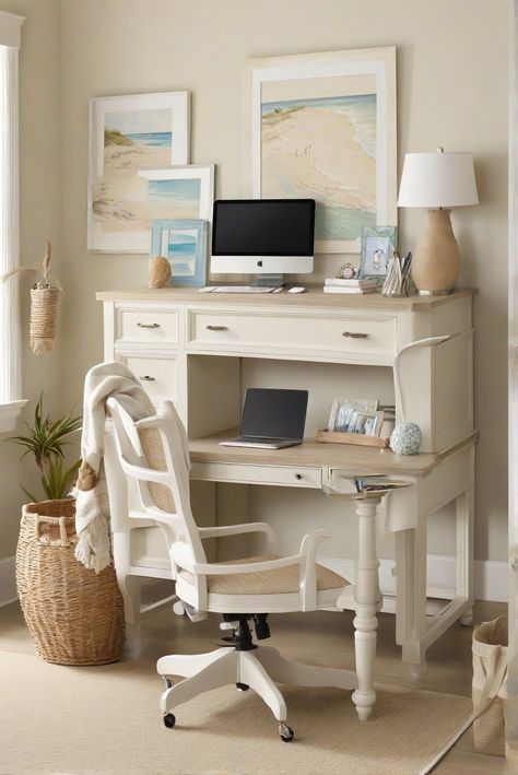 Home decor ideas, coastal office decor, beach-inspired workspace, coastal office design Workspace Home, Coastal Office, Japanese Home Design, Greige Paint Colors, Fall Table Centerpieces, Color Home, Office Nook, Ocean House, Point Perspective