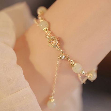 Mist Rose Hetian Jade Bracelet Quinceanera Bracelet Gold, Light Gold Jewelry, Rose Gold Jewelry Aesthetic, Fairy Core Jewelry, Light Bracelet, Rose Gold Jewellery, Aesthetic Jewellery, Latest Bracelets, Pretty Jewelry Necklaces