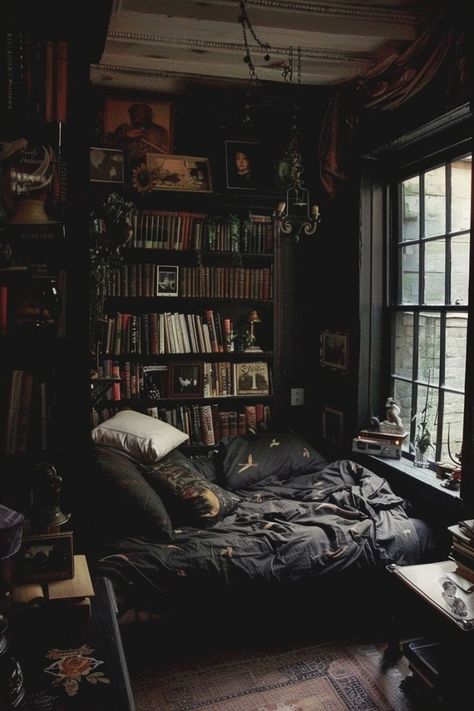 Her Tea Leaves Gothic Academia Room, Bedroom Inspo Dark Academia, Dark Academia Dorm Room, Bedroom Inspiration Dark, Dark Academia Bedroom Aesthetic, Dark Academia Bedroom Decor, Bedroom Inspirations Dark, Dark Academia Apartment, Dark Cottagecore Bedroom