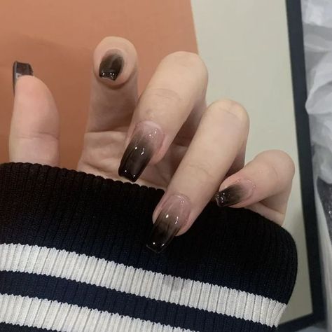 Nails Gray And Black, Black Jelly Nails Aesthetic, Korean Nails Ideas Black, Prom Nails Silver And Black, Black Nails Douyin, Black Blush Nails, Nails Black And Gray, Transparent Black Nails, Black Douyin Nails