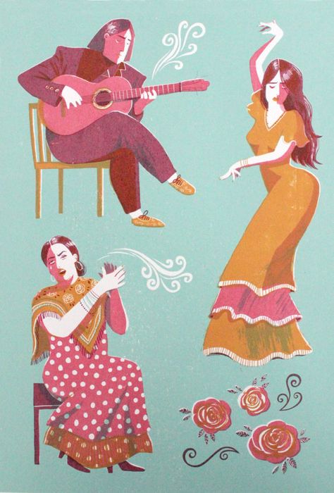 Flamenco-Essi Kimpimäki Flamenco Aesthetic, Cats Food, Flamenco Dancing, Travel Art Print, Glasgow School Of Art, Painted Ladies, Flamenco Dancers, Wave Art, Whimsical Illustration