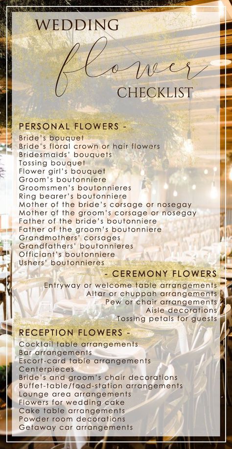 A Guide to All The Wedding Flowers You’ll Need #weddingbouquet #weddingflowers #weddingchecklist #receptionflowers #personalflowers #ceremonyflowers #weddingplanning #weddingtips #weddingadvice Flower Checklist For Wedding, Who Gets Flowers At Wedding, What Flowers Do I Need For My Wedding, Where Do You Need Flowers At A Wedding, Decoration List For Wedding, Where To Put Flowers At Wedding, Who Gets Flowers At Wedding List Of, Wedding Flowers Checklist, Flower List For Wedding