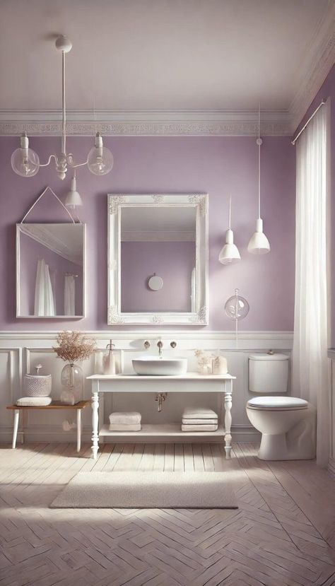 Purple Bathroom Ideas, Light Purple Paint, Lilac Bathroom, Lavender Bathroom, Bathroom Redecorating, Purple Bathroom, Cream Bathroom, Home Paint Color, Silver Bathroom