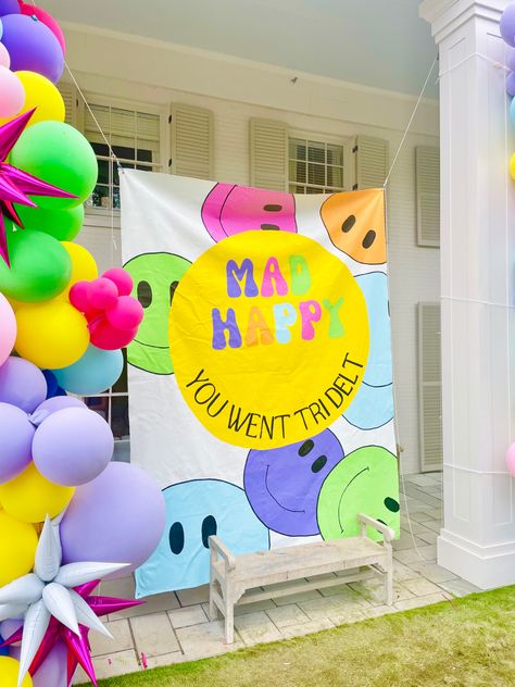 Mad Happy Sorority Theme, Sorority Event Decorations, Tri Delta Bid Day Themes, Mad Happy Bid Day Theme, Sorority Sheet Signs, Mad Happy Bid Day, Spring Bid Day Themes, Party Like Its Your Bid Day, Smiley Face Bid Day