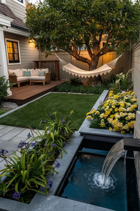 A cozy backyard with a hammock, a wooden deck, a seating area, a small grass lawn, a fountain, and vibrant yellow flowers. Small Outdoor Garden Ideas Backyards, Small Rectangular Backyard Ideas, Small Backyard Renovations, Small Cozy Backyard Ideas, Small Cozy Backyard, Small Backyard Deck Ideas, Beautiful Back Yards, Small Backyard Oasis On A Budget, Small Backyard Ideas On A Budget