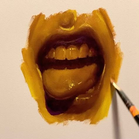 Andrew Cadima on Instagram: “Golden tongue. Oil on panel. Music: Akkurat - The Fish That Saved the World . . . #mouth #portraiture #painting #oilpainting…” Mouth Painting Acrylic, Andrew Cadima, Mouth Oil Painting, Monochromatic Painting Ideas, Tongue Painting, Eye Painting Oil Paint, Tongue Drawing, Realistic Eye Oil Painting, Mouth Art