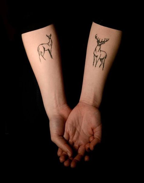 12 Awesome Buck and Doe Tattoo Designs | PetPress Couples Deer Tattoos, Buck Tattoo, Deer Tattoos, Doe Tattoo, Deer Tattoo Designs, Stag Tattoo, Best Couple Tattoos, Hunting Tattoos, Tattoos Infinity