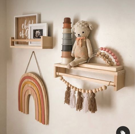 Styled Nursery Shelves, Wooden Nursery Shelves, Nursery Rainbow Decor, Nursery Shelves And Mirror, Baby Shelves Nursery, Nursery Shelf Decor Ideas, Decorate Nursery Shelves, Boho Nursery Shelf Decor, Boho Wall Decor Nursery