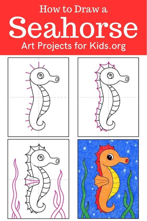 How To Draw A Seahorse, Simple Seahorse Drawing, Sea Horse Drawing Easy, Seahorse Painting Easy, Seahorse Art For Kids, Seahorse Cartoon Drawing, Draw A Seahorse, Mystery Drawing, Seahorse Drawing