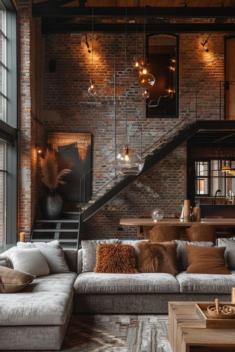 Urban Industrial Living Room Style 1 Brooklyn Interior Design, Living Room Inspiration Industrial, Brick Loft Apartment Decor, Industrial Cozy Living Room, Modern Industrial Decor Living Room, Loft Interior Living Room, Industrial Modern Living Room, Cozy Industrial Decor, Cozy Industrial Living Room