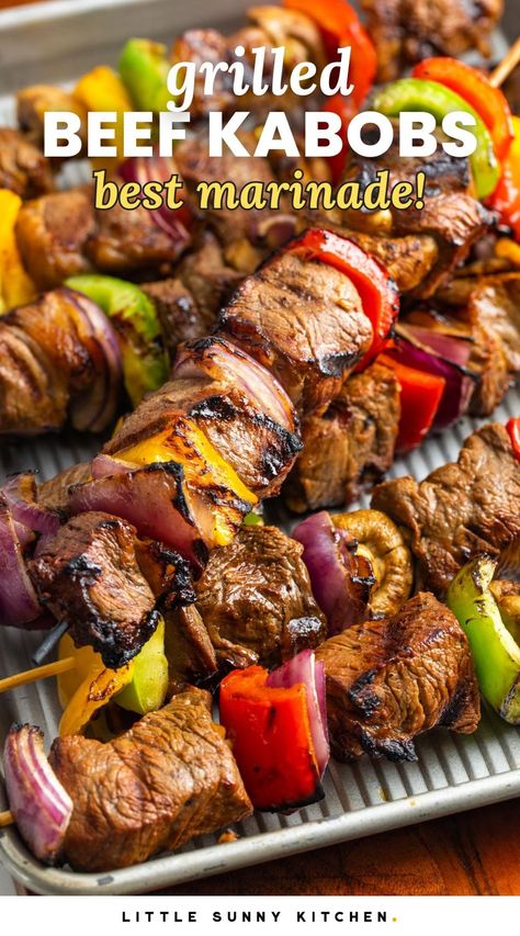 Sirloin steak cubes are marinated and skewered with bell peppers and onions, then quickly grilled to make the most tender and flavorful grilled beef kabobs. Best Steak For Kabobs, Kebob Recipes Beef Kabobs, Bbq Beef Kabobs On The Grill, Teriyaki Beef Kabobs, Marinade For Kabobs Beef, Grilled Steak Kabobs Skewers, Beef Kebobs Recipes, Shishkabobs Marinade Beef Kabobs, Blackstone Shish Kabobs