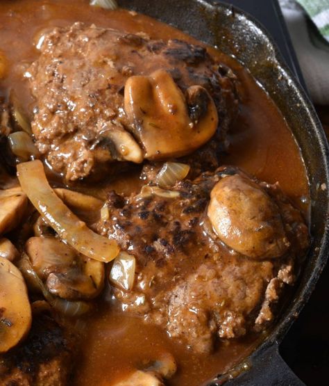 Salisbury Steak Skillet | Cooking Panda Homemade Salisbury Steak, Hamburger Steak And Gravy, 1950s Food, Skillet Steak, Salisbury Steak Recipes, Hamburger Steak, Salisbury Steak, Carne Asada, Steak Recipes