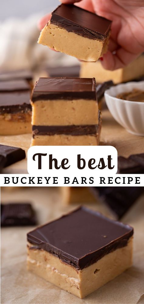 This buckeye bars recipe helps you make a perfect treat that includes everyone’s favorite flavor combination. I don’t know if I’ve ever met a single person in my life who doesn’t absolutely love peanut butter and chocolate together. Buckeye Bars With Graham Crackers, Chocolate And Peanut Butter Bars, Holiday Peanut Butter Bars, Oh Henry Bars Recipe, Buckeye Fudge Recipe, Buckeye Pie, Buckeye Fudge, Peanut Butter Fudge Bars, Buckeye Bars Recipe