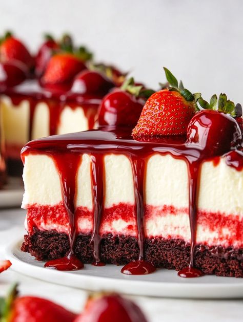 Red Velvet Cheesecake Bliss! ❤️  ❤️ 𝗜𝗻𝗴𝗿𝗲𝗱𝗶𝗲𝗻𝘁𝘀 ❤️ Red Velvet Cake Layer: 1½ cups all-purpose flour 1 cup sugar ½ cup unsalted butter, softened 2 eggs 2 tbsp cocoa powder 1 tsp vanilla extract ½ cup buttermilk 1 tsp red food coloring Cheesecake Layer: 16 oz cream cheese, softened ½ cup sugar 2 eggs 1 tsp vanilla extract Topping: 1 cup fresh strawberries ¼ cup strawberry sauce ❤️ Knock You Naked Red Velvet Cheesecake, Personal Size Cheesecake, Red Velvet Dessert Cups, Christmas Strawberry Cheesecake, Strawberry Red Velvet Cake, Best Red Velvet Cheesecake Recipe, Red Velvet Strawberry Cheesecake, Easy Red Velvet Cheesecake, Red Velvet Cheesecake Bars