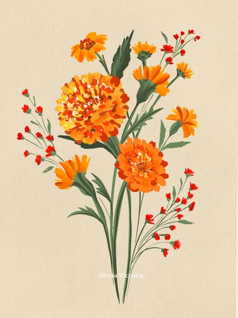 Marigold Flowers Drawing, Marigold Flower Illustration, Marigold Artwork, Marigolds Painting, Marigolds Drawing, Marigold Flower Painting, Marigold Flower Aesthetic, Flowers For August, Marigold Flower Drawing