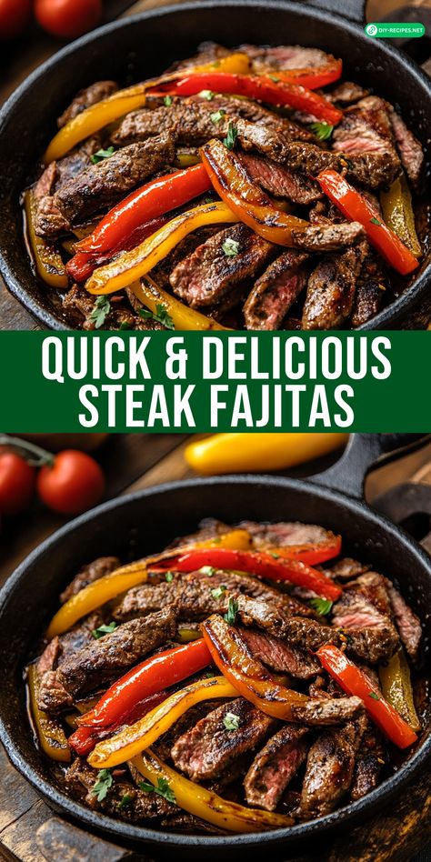 Make quick and delicious Steak Fajitas for dinner tonight! Marinated steak, sautéed peppers, and all the best toppings – ready in no time. Homemade Fajitas Steak, Easy Sheet Pan Steak Fajitas, Essen, Baked Fajitas Steak, The Best Fajitas, Steak And Bell Peppers, Healthy Beef Fajita Recipe, Dinner Recipes With Sirloin Steak, Best Steak For Fajitas