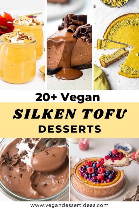 These silken tofu dessert recipe ideas are perfect for summer! Silken tofu makes vegan desserts creamy and protein rich. Of course these recipes are all dairy-free and eggless too, with many of them being suitable for gluten-free diets too. You'll find tasty and easy recipes for tofu chocolate mousse, vegan cheesecakes, vegan puddings and more! Easy Vegan Dessert Healthy, Silken Tofu Chia Pudding, Vegan Cheesecake Brownies, Vegan Mousse Recipes, Silken Tofu Deserts, Soft Tofu Dessert, Soft Tofu Dessert Recipes, Vegan Silken Tofu Recipes Desserts, Tofu Dessert Recipes Healthy