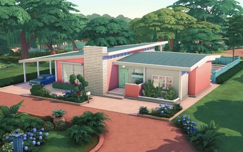 Sims 4 Floorplan Modern, Retro Beach House Exterior, Sims 70s House, Sims 4 Midcentury House, 70s Style Home Exterior, Sims 4 Mid Century House, Mid Century Sims 4, Sims 4 70s House, Sims 2 House Ideas