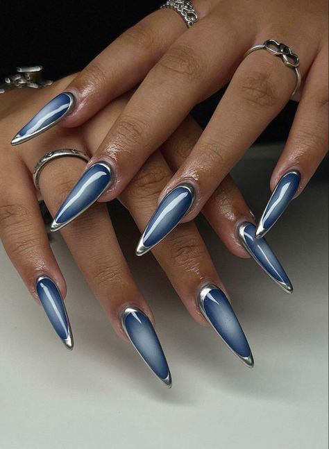 Paznokcie Hello Kitty, Wife Nails, Blue And Silver Nails, Viral On Tiktok, Eye Nails, Colorful Nails, Classy Acrylic Nails, Mob Wife, Cat Eye Nails