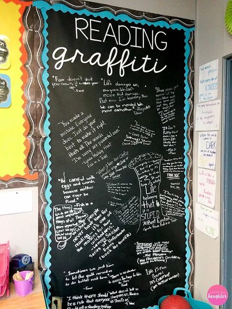 Reading Graffiti Wall: Fostering a Classroom Reading Community - Lessons With Laughter Reading Quotes Bulletin Board, Cute Classroom Reading Corners, Reading Corner Wall Decor Classroom, Year 6 Book Corner Ideas, Classroom Cupboard Decor, Year 5 Reading Corner, Reading Corner Classroom Middle School, Quirky Classroom Decor, 5th Grade Ela Bulletin Boards