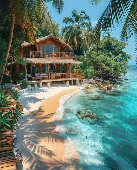 Remote Island Aesthetic, Cozy Beach House Exterior, Family Vacation Aesthetic, Tropical Mansion, Destiny Islands, Stranded Deep, House On The Beach, Beach Bungalow, Dream Life House