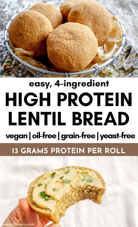 Easy 4-Ingredient high protein lentil bread! 13 grams protein per serving. #highprotein #oilfree #glutenfree #grainfree #yeastfree #WFPB #WFPBbread #WFPBNO #lentils #4ingredients #glutenfreebread #easyrecipe #flourless #flourlessbread #bestlentilbread #lentils #lentilrecipes #easylentilbread #highproteinbread Insulin Resistance Bread, Lentil Protein Bread, Lentil Bread Rolls, High Protein Gluten Free Bread, Lentil Rolls, Lentil Bread Recipe, Gf Rolls, Lentil Bread, Fresh Basil Recipes