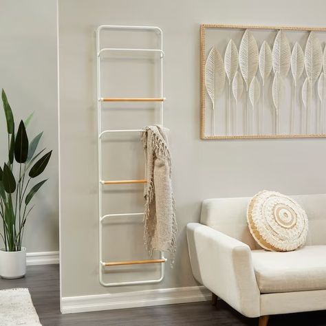 Grayson Lane White 6 Rack Fir Wall-mount Blanket Ladder in the Blanket Ladders & Storage department at Lowes.com Wall Ladder, Metal Ladder, Organize Your Bathroom, Ladder Storage, Towel Stand, Blanket Ladder, Wicker Baskets Storage, White Blanket, Functional Storage