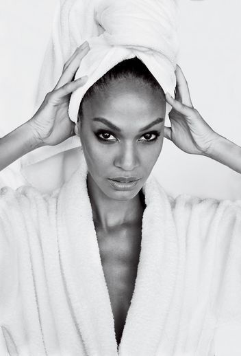 joan-smalls-towel Towel Photoshoot Photo Ideas, Towel Photoshoot, Towel Series, Hair Washing Routine, Mert And Marcus, Shea Butter Hair, Edie Campbell, Mane Addicts, Bloc Party