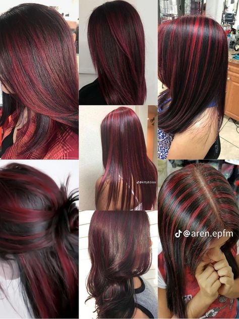 Black W Red Highlights, Red Skunk Hair Brown, Colours To Dye Dark Brown Hair, Chunk Red Highlights, Chunky Highlights Burgundy, Red N Brown Hair, 90s Skunk Hair, How To Do Red Highlights At Home, Hairdye Ideas Long Hair