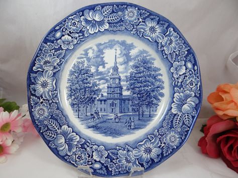 Vintage Liberty Blue Blue and White Dinner Plate – Independence Hall – 7 available Blue And White Dinnerware, Blue Dinner, Blue Dinner Plates, Independence Hall, Liberty Blue, Plate Wall Decor, White Dinnerware, Blue Transferware, White Dinner Plates