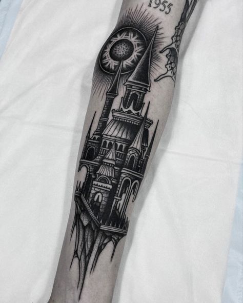 Blackwork Patchwork Tattoo, Goth Proposal, Dark Tattoo Flash, Castle Forearm Tattoo, Creepy Castle Tattoo, Goth Cathedral Tattoo, Gothic Castle Tattoo, Goth Architecture Tattoo, Gothic Cathedral Tattoo