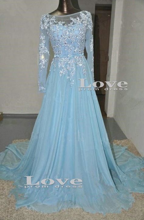 Custom Made Light Blue longsleeved Sequined by LovePromDress Chiffon Party Dress, Evening Dress Long, Prom Dresses 2018, Long Prom Gowns, Long Sleeve Prom, A Line Prom Dresses, فستان سهرة, Maxi Robes, Prom Dresses With Sleeves