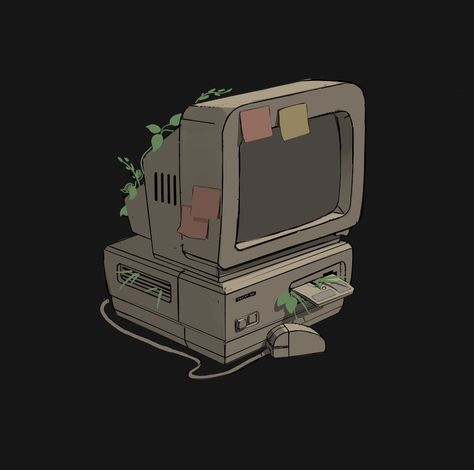 Nostalgic Technology Drawing, Old Technology Art, Retro Pc Aesthetic, Computer Aesthetic Drawing, Retro Computer Drawing, Vintage Computer Illustration, Old Computer Tattoo, Computer Graphics Art, Retro Futuristic Computer