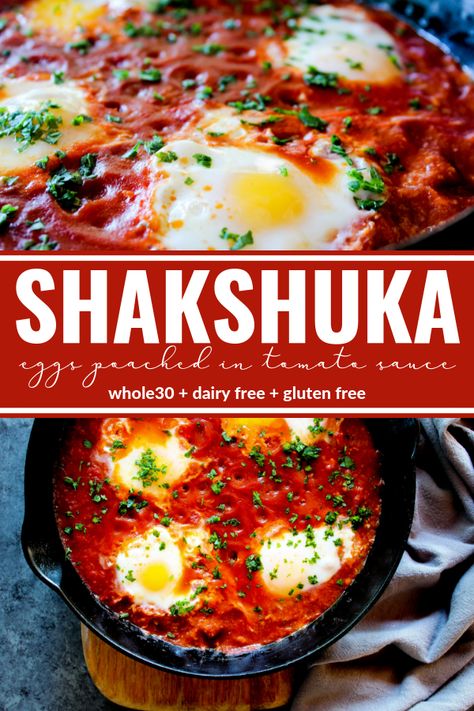 This Shakshuka (eggs poached in tomato sauce) is an easy and delicious savory breakfast dish. Of course it's perfect for dinner too. Plus it's Whole30 compliant, dairy free, and gluten free! via @thewholecook Poached Eggs Sauce, Healthy Recipes Using Tomato Sauce, Keto Poached Egg Breakfast, Poached Egg Dinner, Roasted Tomatoes Breakfast, Egg In Sauce, Eggs In Red Sauce, Poached Eggs In Tomato Sauce, Eggs With Red Sauce