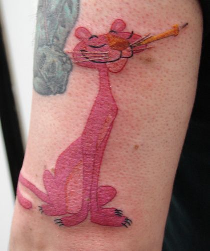 Pink Panter Tattoos, Pink Panther Tattoos, Pink Tattoo Ideas, Panther Tattoo Flash, Pink Panther Drawing, Pink Panther Tattoo, Pink Panther Costume, Pop Culture Tattoos, Cow Tattoo