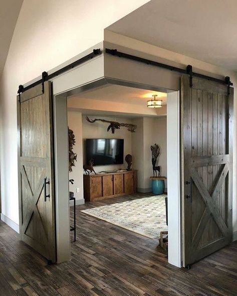 Barndominium Ideas Interiors Living Room, Closed Off Living Room Ideas, Industrial Country Living Room, Barndominium Room Ideas, Barn Door For Den, Farmhouse Decor Master Room, Corner Barn Doors Office, Den Doors Ideas, Open Den Room Ideas