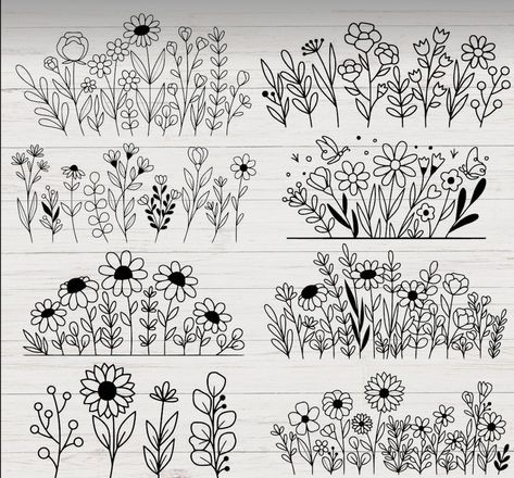 Boho Drawings, Wildflower Border, Wildflower Drawing, Doodle Art Flowers, Floral Svg, Floral Doodle, Embroidery Template, Envelope Art, Aesthetic Flower