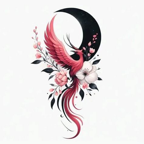 Dragon Calf Tattoos For Women, Phoenix Tattoo Feminine Hand, Cherry Blossom And Phoenix Tattoo, Woman Bird Tattoo, Cherry Blossom Phoenix Tattoo, Women Back Neck Tattoo, Water Phoenix Tattoo, Phoenix Bird Tattoo Women, Back Phoenix Tattoo Women