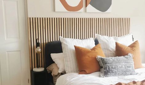 Slat Headboard Diy, Half Height Panelling, Vertical Slat Headboard, Built In Headboard, Feature Headboard, Wood Slat Headboard, Zoe Olivia, Slat Headboard, Vertical Slats