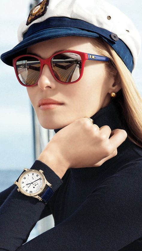 Nautical Chic in Navy Eyewear Ad, Bregje Heinen, Nautical Chic, Eyewear Trends, نظارات شمسية, Ray Ban Aviator, Wearing Sunglasses, Trendy Sunglasses, Nautical Fashion