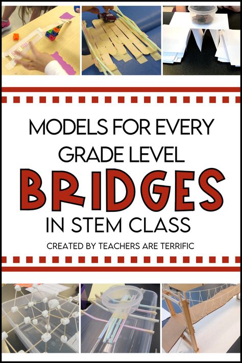 Building a Bridge in STEM Class- This blog post features a bridge for every grade level and tips about building them! Paper Bridges Stem, Bridge Stem Challenge, Building Bridges Stem For Kids, 3rd Grade Science Experiments, Stem Build A Bridge, Bridge Building Stem Activities, School Wide Stem Challenges, Stem Bridges, Bridges Math