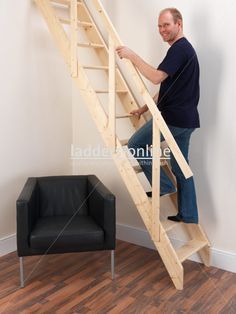 loft pull down stairs rustic - Google Search Ladder Staircase, Attic Ladders, Attic Stair, Compact Stairs, Space Saving Staircase, Wooden Loft, Attic Shelves, Asma Kat, Tiny House Stairs