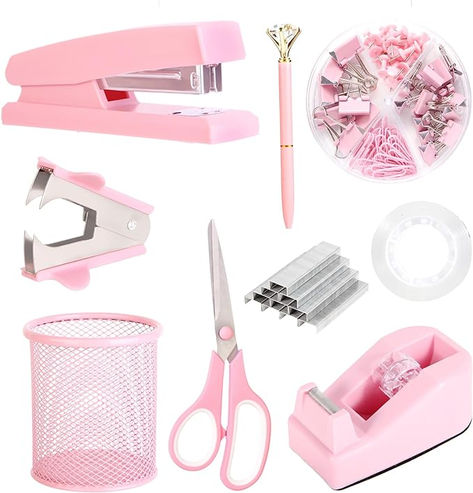 Pink Desk Accessories, Pink Office Supplies Set with Stapler, Tape Dispenser, Staple Remover, Pen Holder, Scissor, Binder/Paper Clips, Ballpoint Pen, Clear Tape and 1000pcs Staples Pink Desk Organizer, Pink Office Ideas, Pink Stationary, Pink Desk Accessories, Pink Tool Set, Pink Office Supplies, Purple Desk, Office Tape, Pink Tools