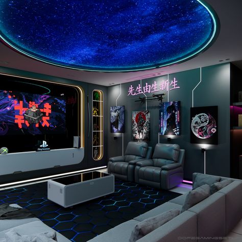 Galaxy Ceiling, Stretch Fabric Ceiling, Lofted Cabin, Desk Organisation, Stretch Ceiling, Space Themed Room, Room Vibes, Gaming Setups, Desk Goals