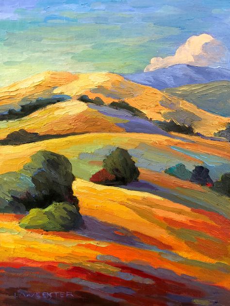 Simple Painted Landscapes, Abstract Landscape Painting Mountains, Colourful Landscape Art, Oil Painting Landscape Impressionism, Abstract Nature Painting Landscapes, Color Value Painting, Expressive Landscape Painting, California Landscape Paintings, Atmospheric Landscape Painting