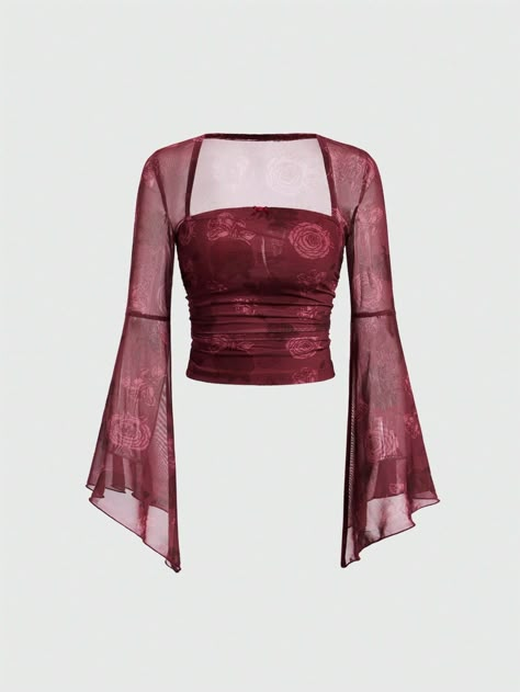 Women's Floral Print Sheer Mesh Top With Flared Sleeves Red Casual  Long Sleeve Knitted Fabric Figure,Floral  High Stretch  Women Clothing, size features are:Bust: ,Length: ,Sleeve Length: Purple Bell Sleeve Top, Tops With Flared Sleeves, Crushed Velvet Clothes, Mesh Floral Top, Mesh Overlay Top, Flared Long Sleeve Top, Flare Top Outfit, Whimsigoth Tops, Free Sewing Patterns Tops