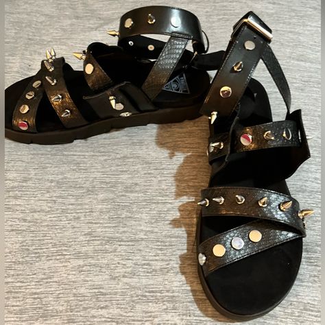 . Brand New, Unworn, The Sandal For Summer Black Outfits Disturbia-Caligula, Size 9us Sandals With Plenty Of Spikes And Studs. Summer Black Outfits, Manolo Blahnik Sandals, Black Platform Sandals, Black Outfits, Walking Sandals, Jelly Sandals, Summer Black, Black Platform, Punk Goth