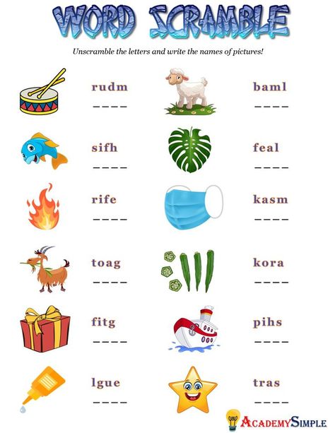 Jumbled Words Worksheets For Grade 1, Scramble Words Worksheet, Unscramble Words Worksheets, Word Scramble For Kids, Scramble Letters, Jumbled Words, Words Worksheet, Unscramble Words, Scramble Words