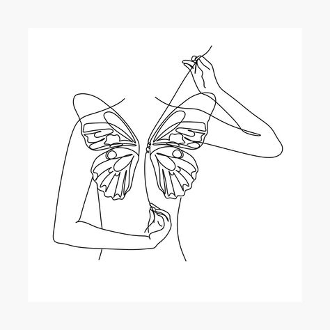 Woman Butterfly Line Art. Woman line art print. female line drawing by OneLinePrint | Redbubble Minimalistic Woman Drawing, Butterfly Woman Drawing, Line Art Design Butterfly, Woman Minimalist Drawing, Line Butterfly Drawing, Fine Line Drawing Ideas, Outline Art Aesthetic, One Line Art Butterfly, Women Outline Art